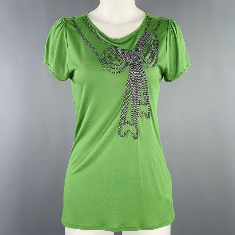 TED BAKER Size 2 Green Grey Viscose Aplique Short Sleeve Casual Top